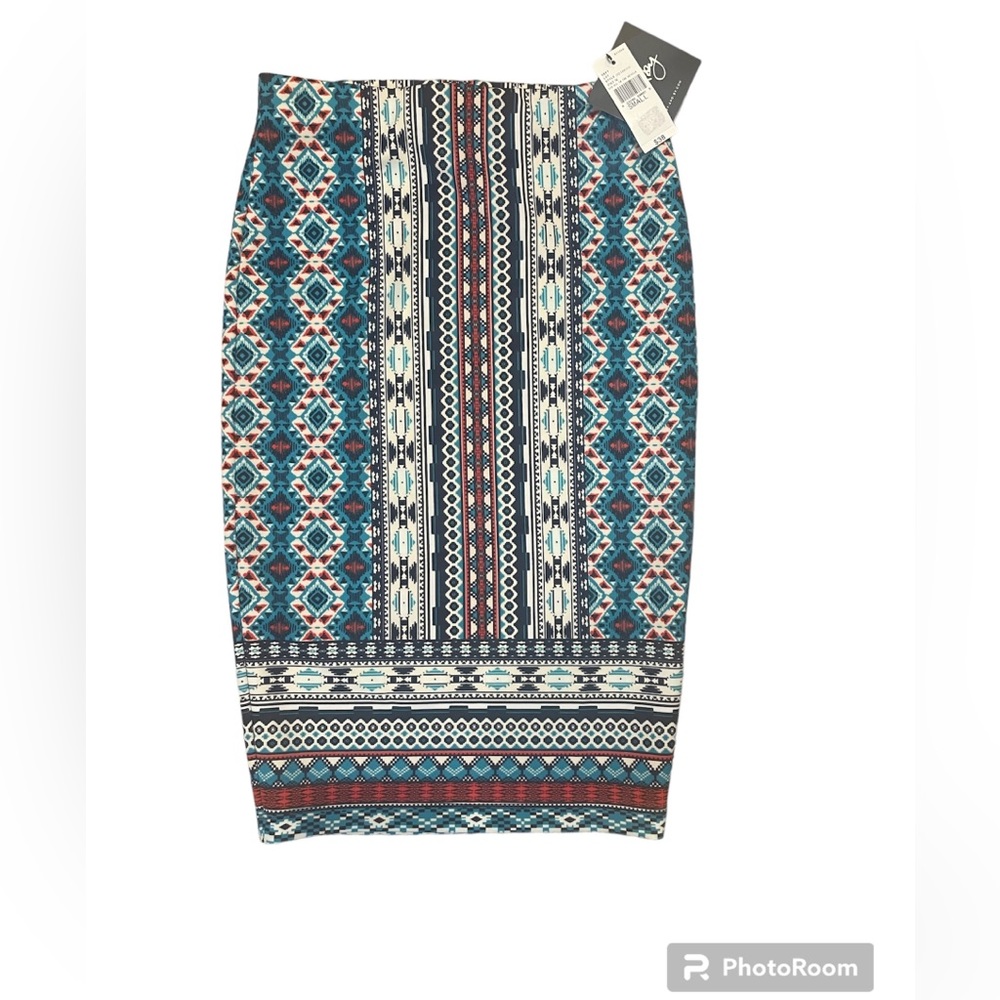 By & By Navy, Red, Teal Aztec Pencil Skirt Small.‎